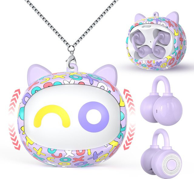 QearFun Bluetooth Ohrclip-Kopfhörer in Lila mit Cartoon-Flip-Design, kabellose HiFi-Ohrhörer mit HD-Anrufen und Smart-Touch für Kinder und Studenten - Bild 1