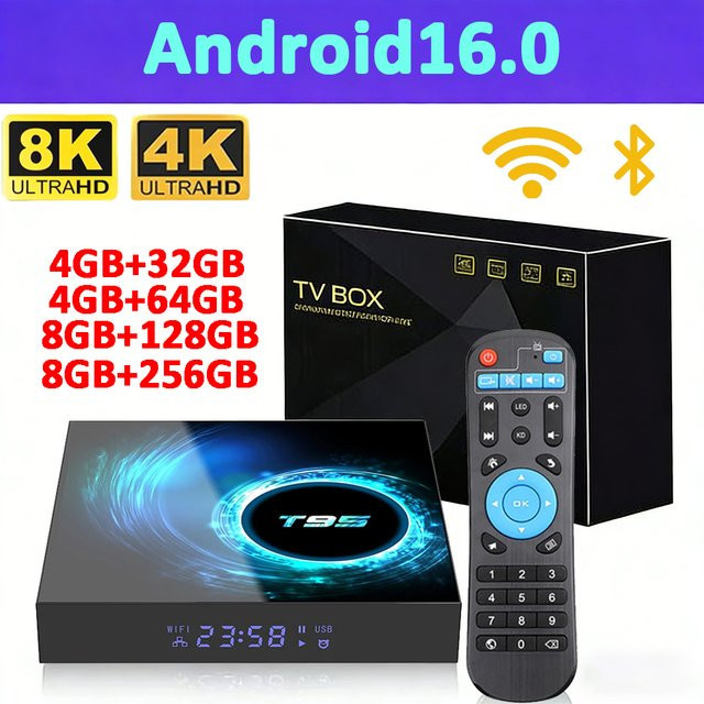 UOSU T95 Android 16 Smart Home Theater TV-Box mit Allwinner H616, 8GB RAM, 256GB ROM, Bluetooth 5.4 und 4K Ultra HD, Schwarz - Bild 1
