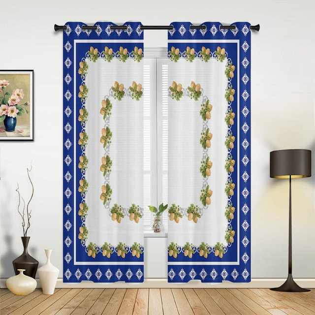 Böhmische Vorhänge mit floralem Muster in Blau, semi-transparent, Breite: 135 cm, Höhe: 60 cm - Bild 1