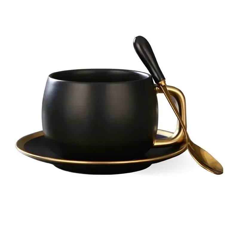 Luxus Keramik Kaffeetasse Set in Schwarz und Gold mit Marmor-Design, inklusive Teller und Löffel, 280 ml - Bild 4
