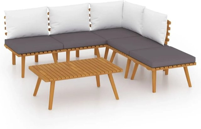 vidaXL 6-tlg Garten-Lounge-Set aus massivem Akazienholz in Braun mit grauen Kissen im L-Shape Design - Bild 1
