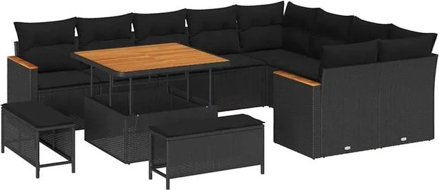 vidaXL Garten-Sofa-Set aus Poly-Rattan und Stahl in Schwarz, 12-teiliges L-Shape Set mit Kissen und Tisch - Bild 1