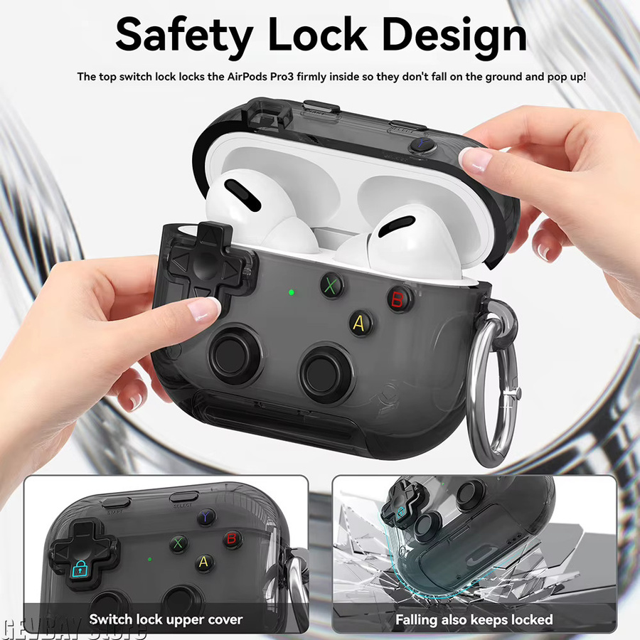 MeRealer Schutzhülle im 3D-Druckknopf-Spielcontroller-Design für Apple AirPods Pro, Pro 2, Pro 3 und Pro 4 mit Handyhalter-Funktion, transparent - Bild 5