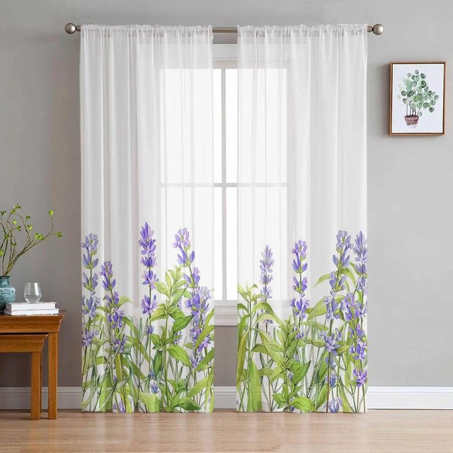 A Family Of Home Textiles Lavendel Chiffon Gardine mit floralem Design, transparent, weiß, B: 135 cm, H: 137 cm - Bild 1