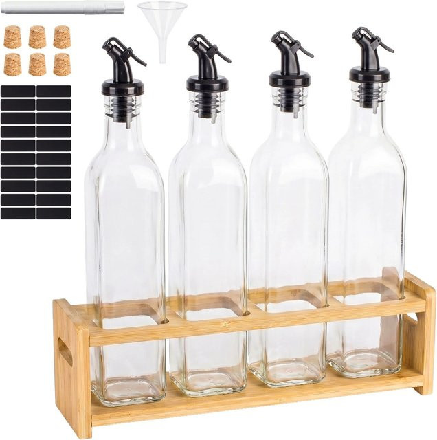 Relaxdays Ölflaschen 4er Set aus Glas mit Bambushalter, Transparent und Schwarz, 500 ml pro Flasche, B/T/H: 5,5 x 5,5 x 30,5 cm - Bild 1