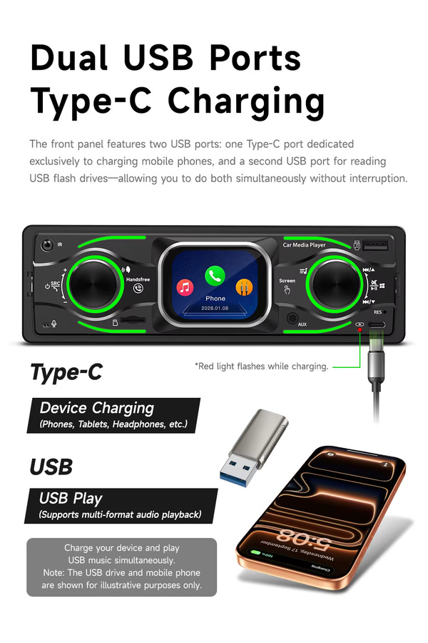 BQCC 1DIN Auto-MP3-Player mit Bluetooth, FM-Radio, AUX-Eingang, TF-Karte und Typ-C-Ladung in Schwarz mit 7-Farben-Ambientebeleuchtung - Bild 2
