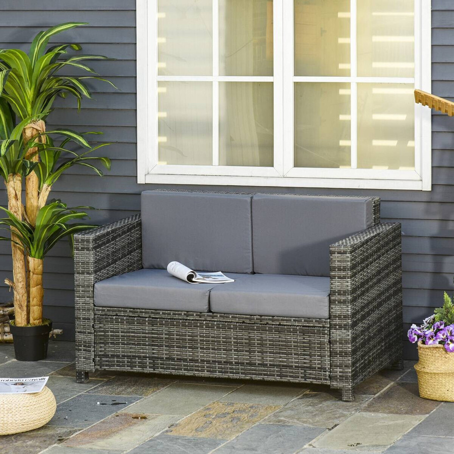 Outsunny Gartensofa aus Polyrattan mit Polsterung und Kissen in Grau, B/H/L: 70 x 130 x 80 cm - Bild 3