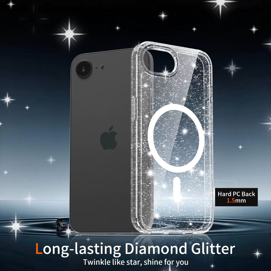 NYFundas Magnetische Transparente Glitzer-Handyhülle mit MagSafe für iPhone 17E 16E 17 Air 16 Pro Max 15 Plus 14 13 Anti-Vergilbung Handycover - Bild 4