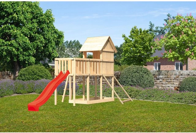 Karibu Stelzenhaus Frieda Anbauplattform Netzrampe Rutsche Rot - Bild 1