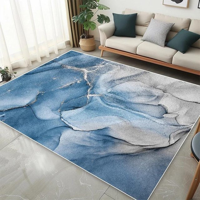 Moderner Teppich im nordischen Stil mit abstraktem Streifenmuster, blau, rutschfest und waschbar, B/T: 160 x 200 cm - Bild 1