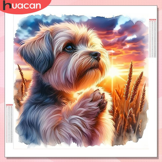 HUACAN Diamant-Mosaik Set Hund Motiv Sonnenuntergang als DIY Bastelset für runde Wanddekoration, Mehrfarbig, Durchmesser: 20 cm - Bild 1