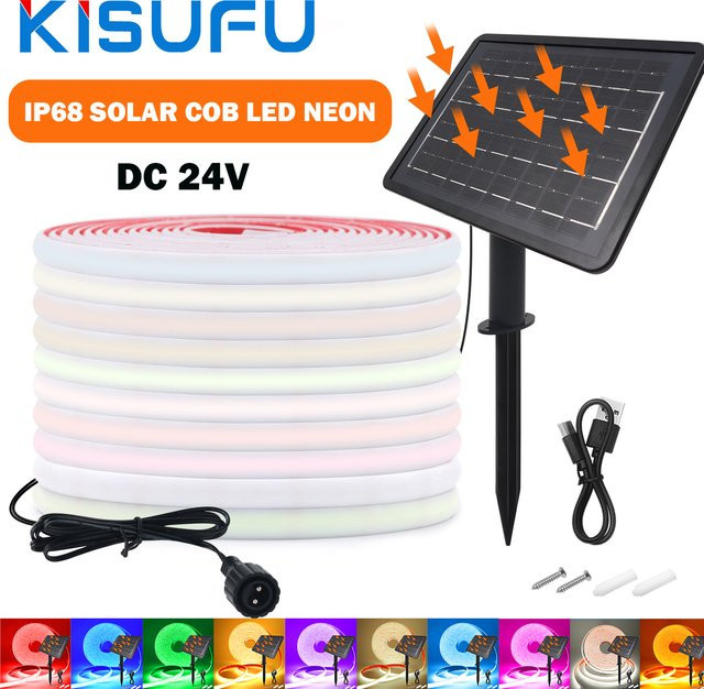 KISUFU Solar COB Neonstreifen IP68 Wasserdicht RGBW Dimmbares Flexibles LED Bandseil Licht für den Garten in Rot, Gelb, Blau und Weiß mit 320 LEDs und 24V - Bild 1