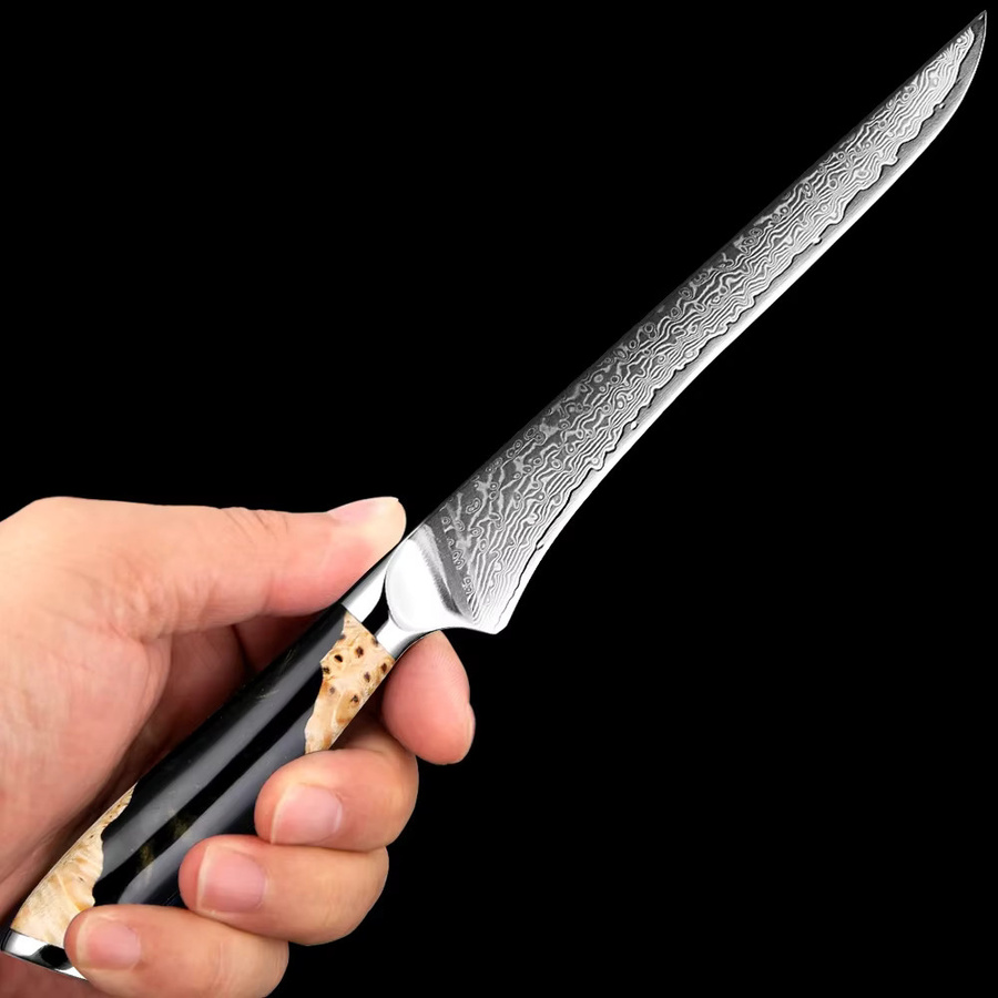 Xituo Damaskus Ausbeinmesser mit stabilisiertem Holzgriff in Schwarz und Multicolour, Klingenlänge: 15,2 cm - Bild 4