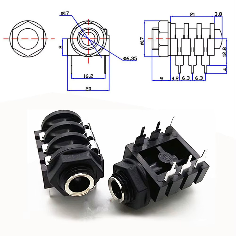 6,5 mm Stereo-Audio-Buchse 6-Pin Klinkenstecker für PCB-Panelmontage in Schwarz - Bild 2