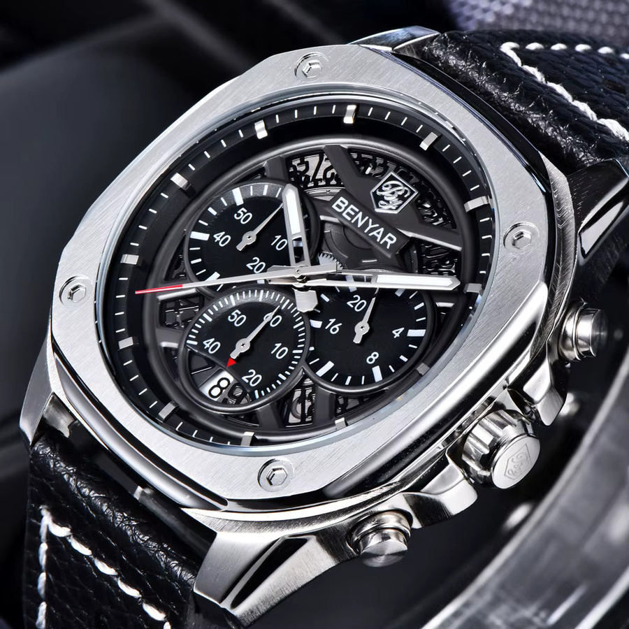 BENYAR Chronograph, Quarz, Edelstahl, Leder, Schwarz, Herren - Bild 5