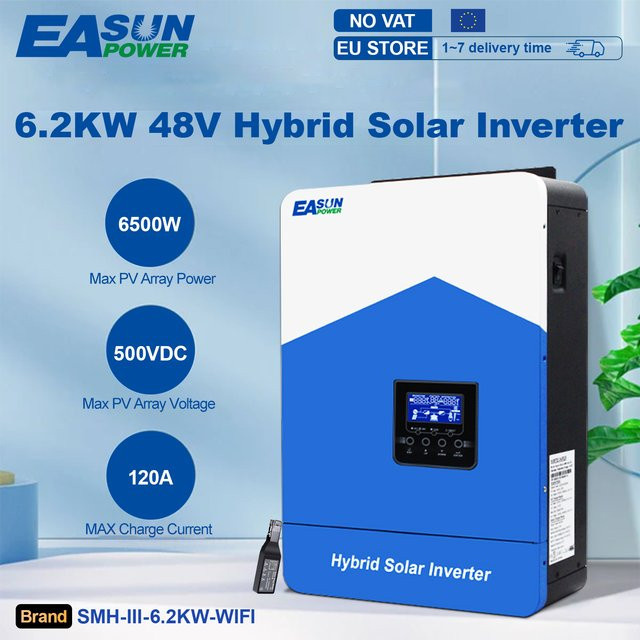 EASUN Hybrid Solar Wechselrichter 6,2 kW, 48V MPPT Photovoltaik-Wechselrichter mit 120A Laderegler, reiner Sinus, Weiß - Bild 1