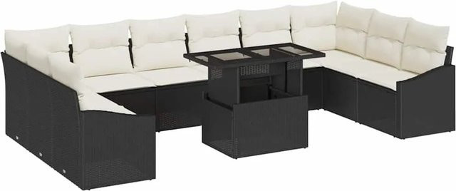 vidaXL Garten-Sofa-Set 11-teilig in Schwarz und Beige mit Kissen und Couchtisch aus wetterfestem Metall und UV-beständigem Polyester - Bild 1
