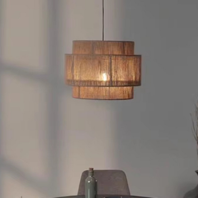 HomeLover Rattan-Pendelleuchte im japanischen Vintage-Stil aus Holz und Hanfseil, Farbe Braun/Schwarz, Zylinderform - Bild 1