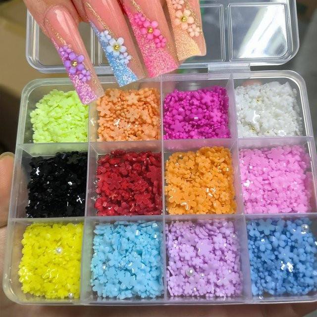 MAFANAILS 3D-Nagelanhänger, 12 Stück, Blumen mit Perlen, Glänzend - Bild 1