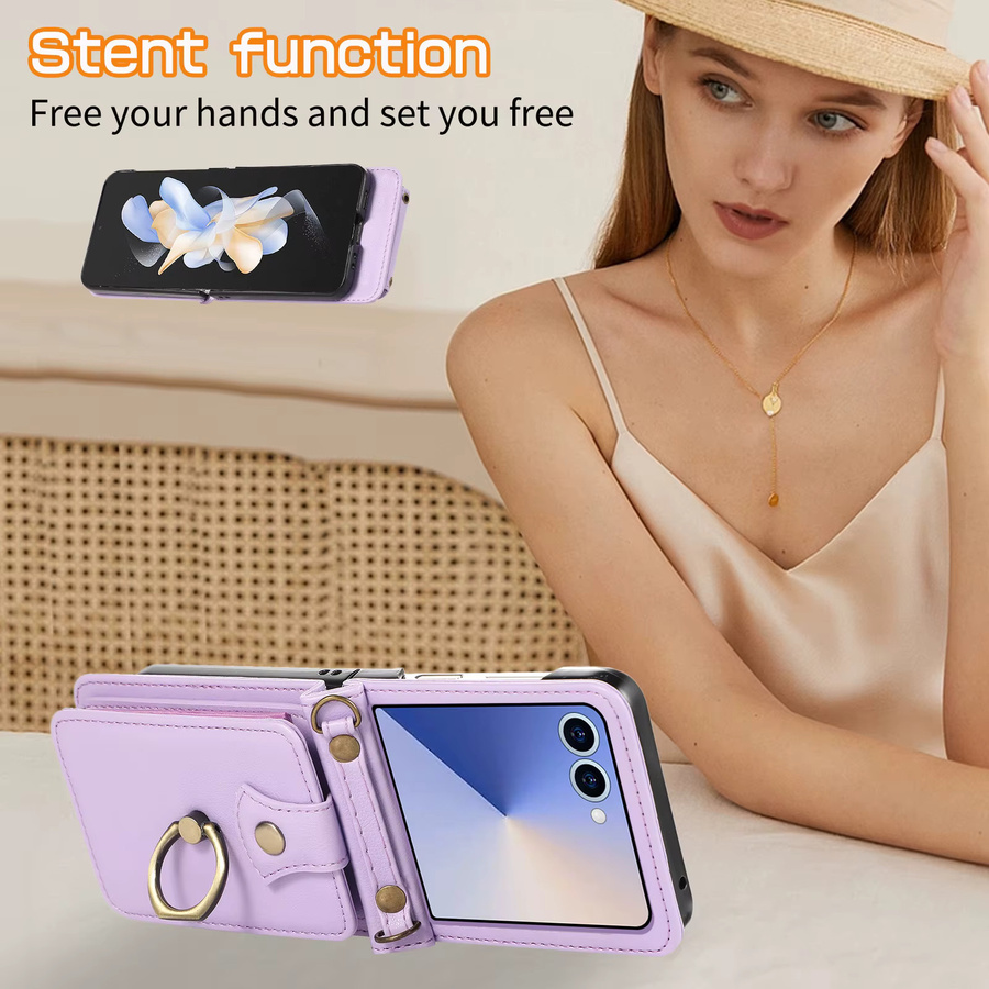 Leder Handyhülle mit Ringkartenhalter und Crossbody-Funktion für Samsung Galaxy Z Flip 7 6 5 4 3 und FE in Rot oder Lila - Bild 1