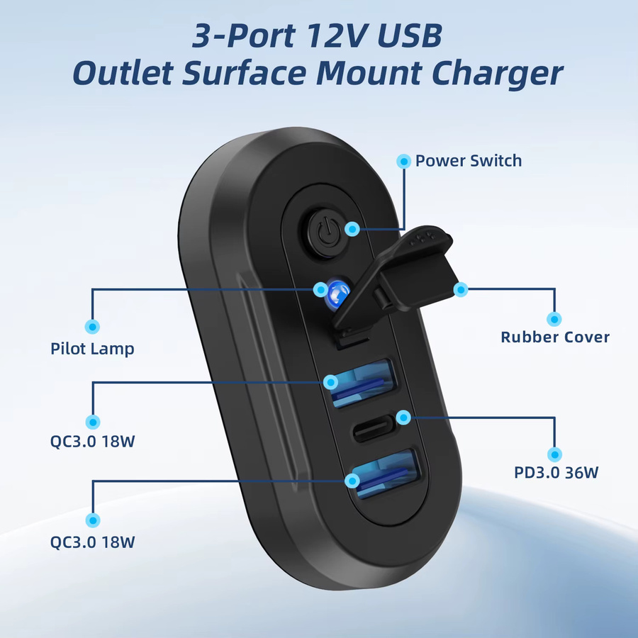 kebidumei 3-Ports USB-Ladegerät mit QC3.0 und PD3.0 Schnellladefunktion für Auto, Motorrad und Boot, Schwarz - Bild 2