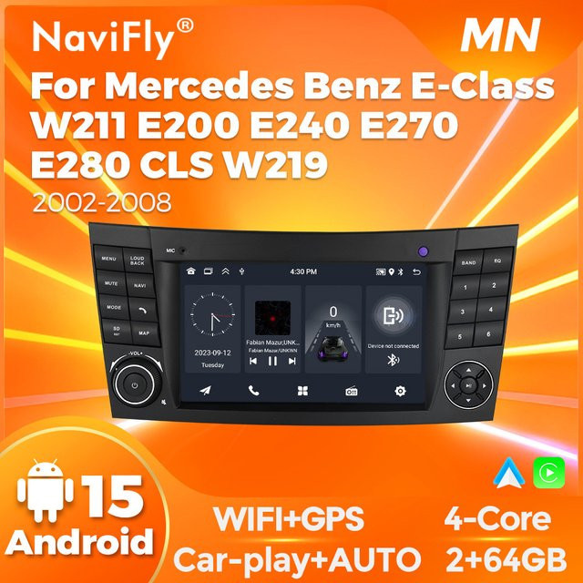 Navifly Kabelloses CarPlay Android 15 Autoradio mit Wi-Fi für Mercedes-Benz E-Klasse W211 und CLS-Klasse W219 in Schwarz - Bild 1
