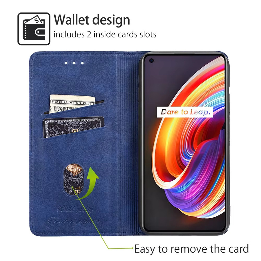 Magnetische Leder Flip Case mit Retro Logo und Kartenfächer für Realme Note 50 Narzo 60X N55 N53 50A 50i Prime 50 30 30A 20A Pro in Schwarz und Blau - Bild 2