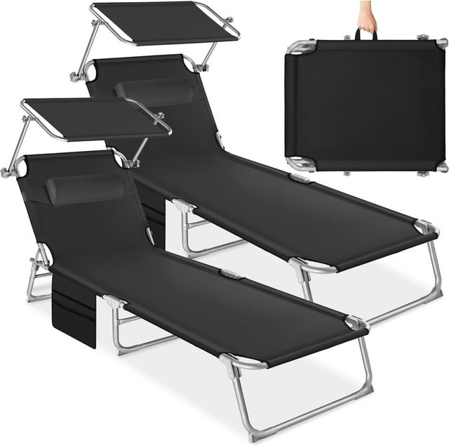 tectake 2er Set Sonnenliege klappbar mit Sonnendach und verstellbarem Kopfpolster Schwarz B/T/H: 190 x 68 x 111 cm - Bild 1