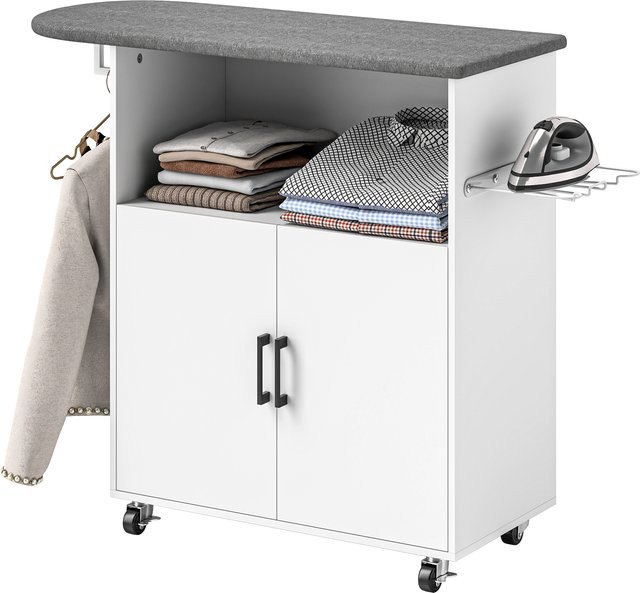 HOMCOM Multifunktionales Bügelbrett in Weiß mit Rollen, Kleiderstange, offenem Regal und Schrank, B/T/H: 125 x 43,5 x 102,5 cm - Bild 1