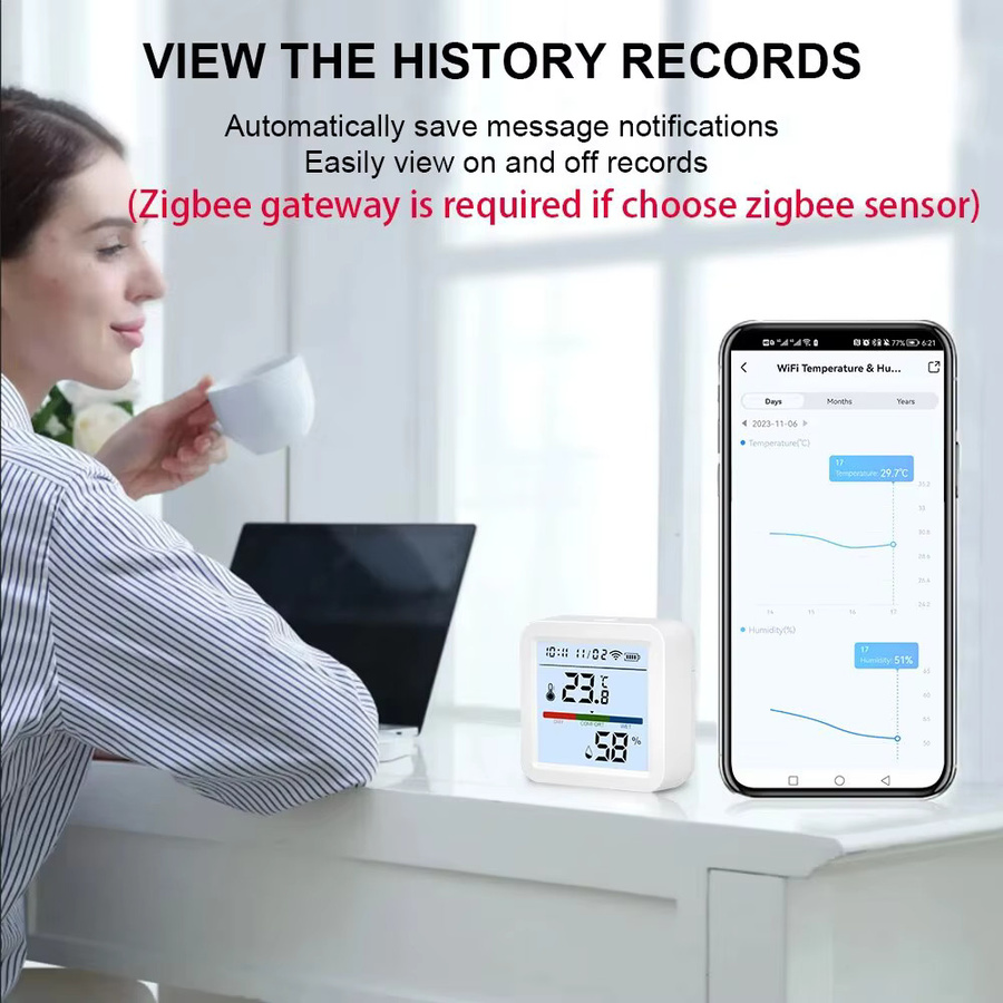 ONENUO Smart Home Temperatur und Feuchtigkeit Sensor Hygrometer Thermometer mit Hintergrundbeleuchtung, WiFi und Zigbee, Weiß - Bild 2