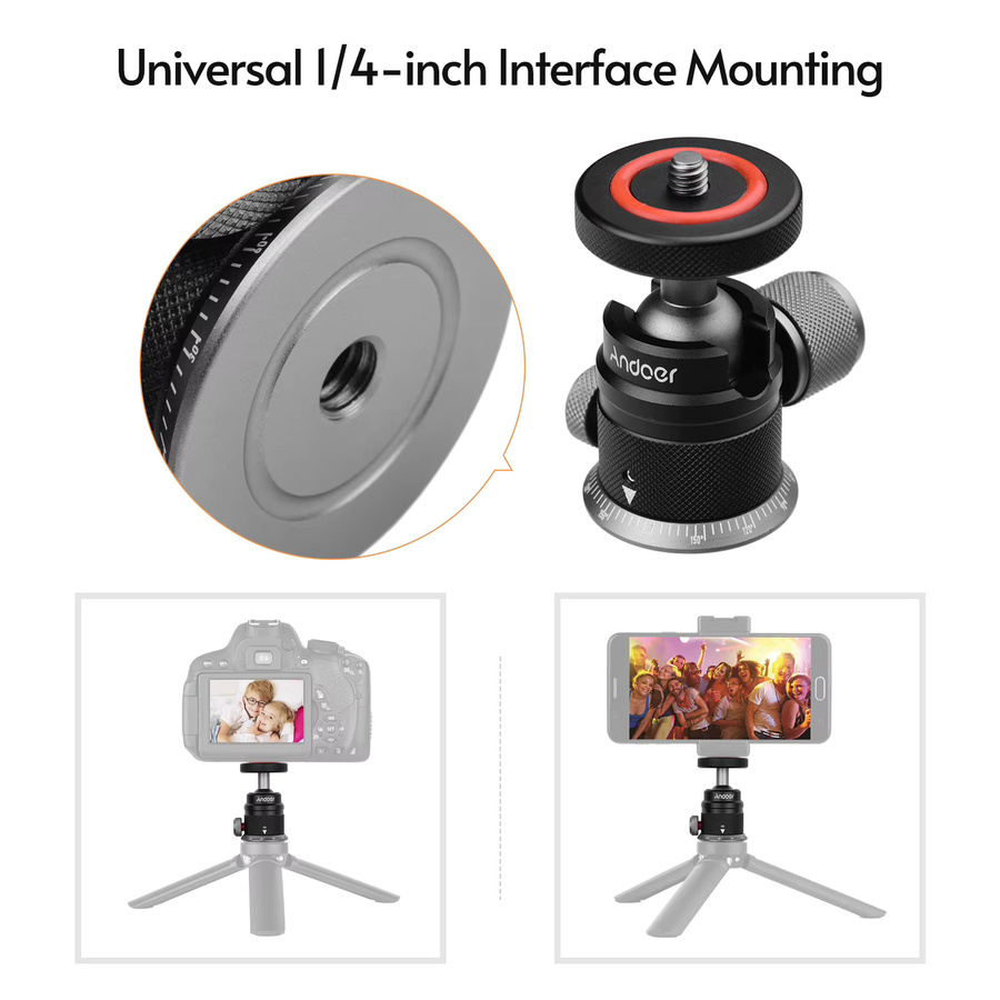 Andoer Stativ-Kugelkopfhalterung aus Aluminiumlegierung in Schwarz mit 360° Panorama-Drehung und skalierter Basis sowie universeller 1/4-Zoll-Montage für spiegellose Kameras - Bild 3