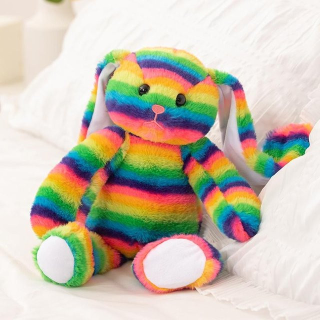 Regenbogen-gestreiftes Kaninchen, Plüschtier, blau, bunt, ab 14 Jahren - Bild 1