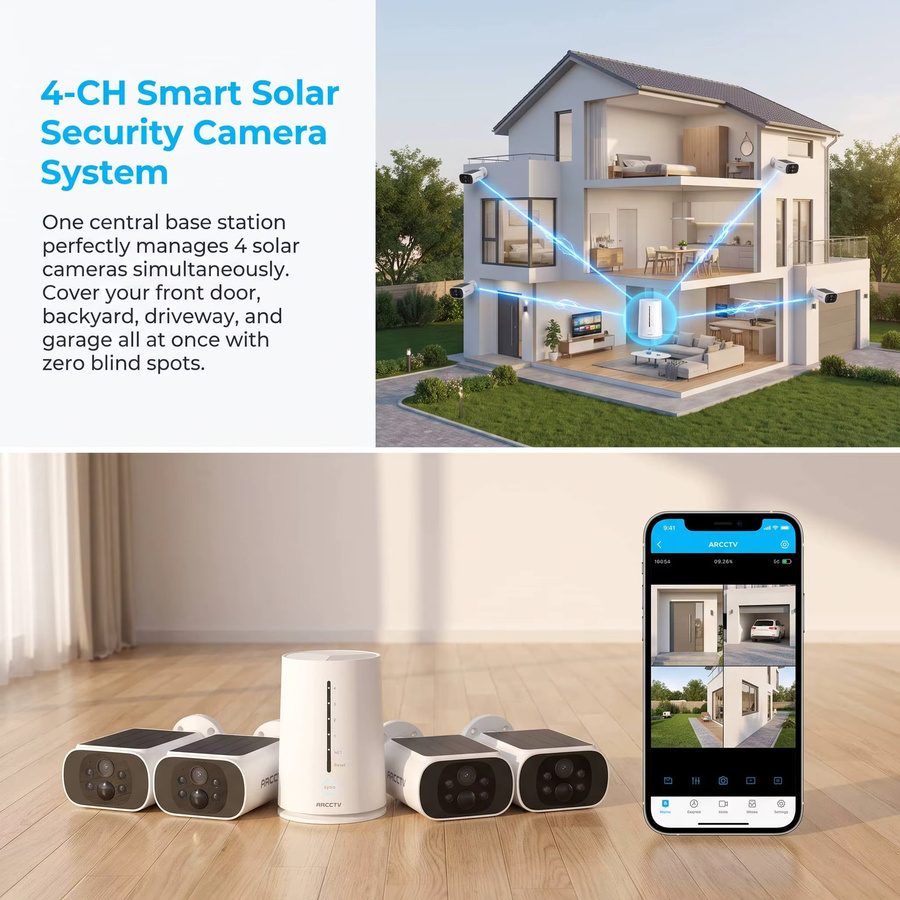 ARCCTV 4MP Solar Wifi Kamera Kit Überwachungssystem mit Humanoiden Erkennung, Sirene, Alarm und Zwei-Wege-Audio in Weiß - Bild 2