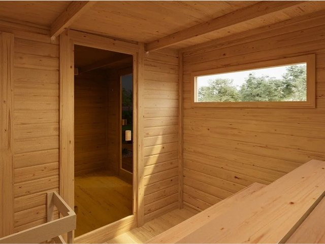 Karibu Gartensauna Lenchen 6 Saunahaus in Terragrau mit Vorraum und bronzierter Ganzglastür aus Fichte mit 38 mm Wandstärke - Bild 1