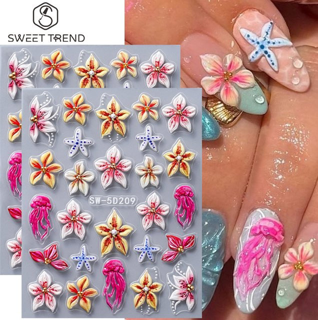 SWEET TREND Nagelaufkleber, bunte Lilienblüten und Seestern-Design, glänzend - Bild 1