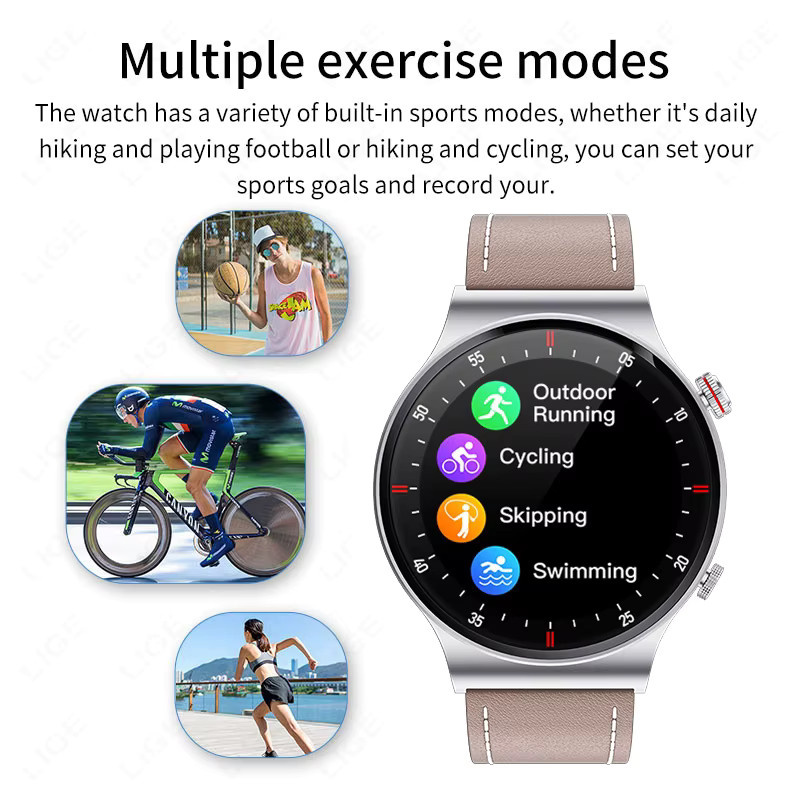 LIGE Smartwatch, NFC, Bluetooth, Leder, Schwarz, Herren - Bild 4