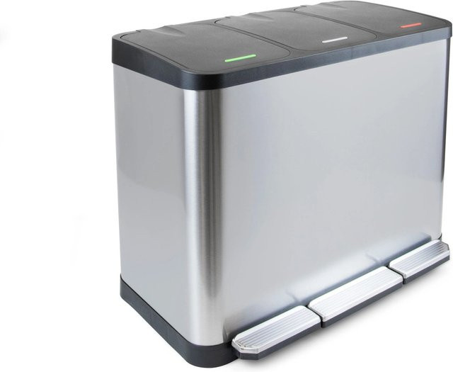 Emuca Outdoor Abfallbehälter mit Fußpedal und Soft-Close-Funktion aus Edelstahl, 3 Fächer à 9 Liter, Farbe: Silber/Schwarz - Bild 1