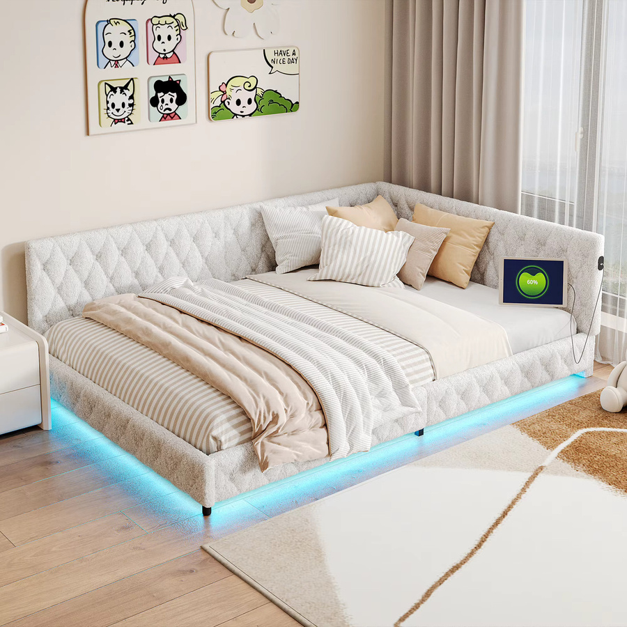 L-förmiges Schlafsofa aus Teddystoff von WoodenAura in Weiß mit LED-Beleuchtung und USB-Anschluss, B/T/H: 200 x 140 cm - Bild 2