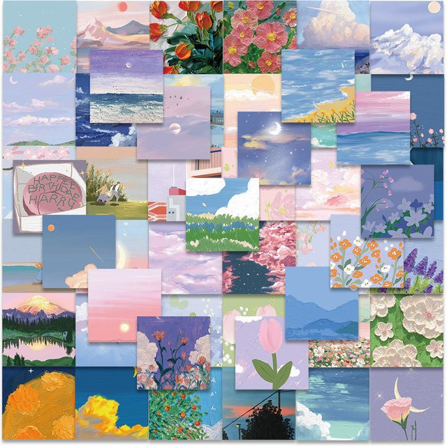 56 Stück Ästhetische Ölgemälde Landschaft Aufkleber in Rosa und Multicolour für Scrapbooking, Koffer und Schreibwaren - Bild 1
