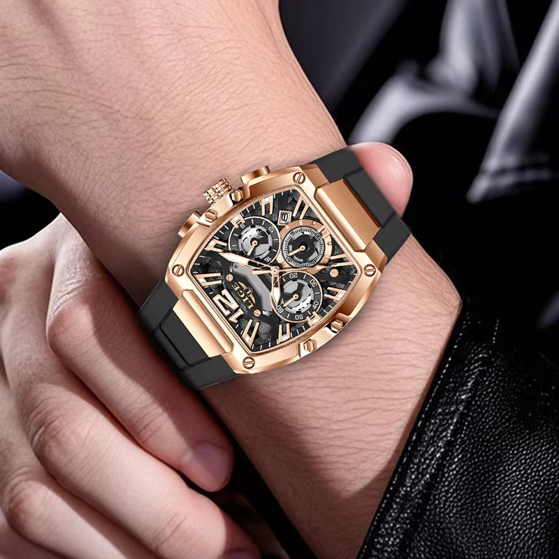 LIGE Chronograph Armbanduhr, Quarz, Blau, Roségold, Silber, Silikon, Herren - Bild 5
