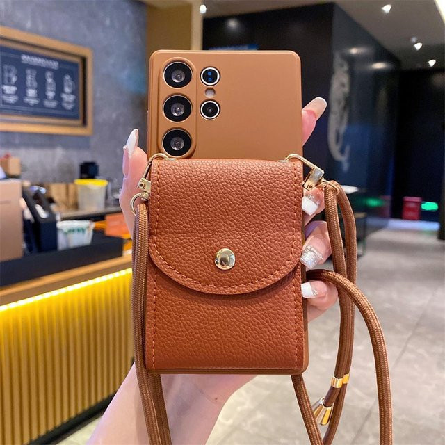 Leder Wallet Case mit Crossbody Lanyard für Samsung Galaxy S24 S25 Ultra S23 S22 Plus S21 S20 Note 20 A73 A72 A71 A70 A55 A54 A53 A52 A50 in Braun - Bild 1