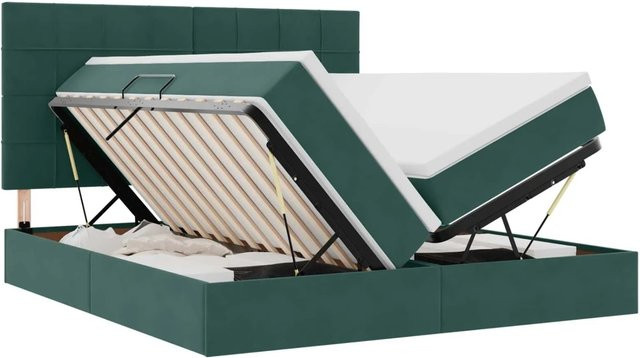vidaXL Bett mit LED-Lichtleisten aus Samt in Dunkelgrün mit Lift-up-Funktion B: 200 cm, T: 200 cm, H: 103 cm - Bild 1