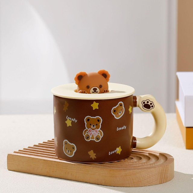 Keramiktasse mit Deckel von Yiran Furniture, Cartoon-Bär Design in Braun, 360 ml - Bild 1