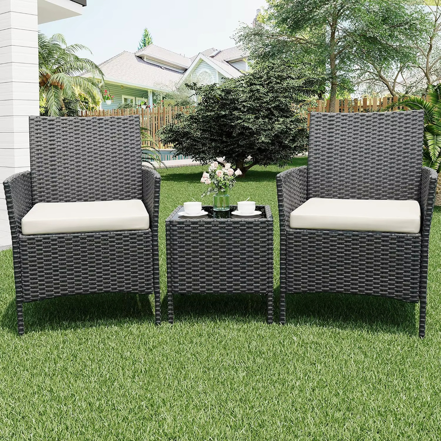 HiMISS 3-teiliges Gartenmöbel-Set aus Polyrattan mit Kissen und Glas-Couchtisch in Schwarz und Beige - Bild 4