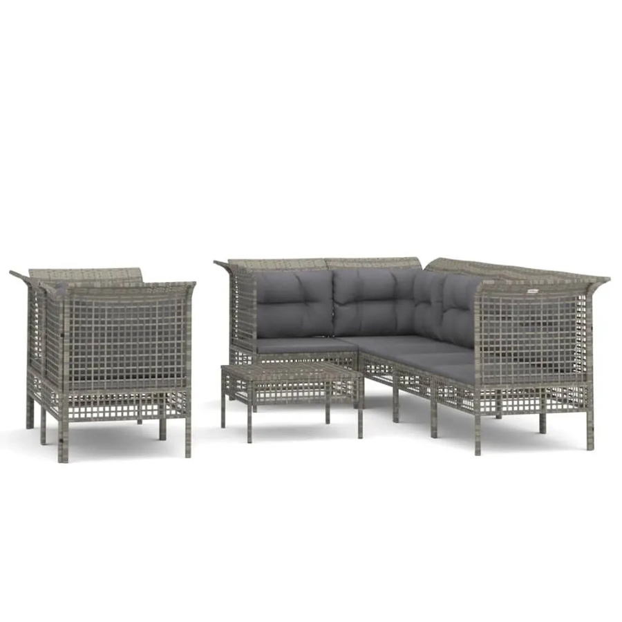 vidaXL 8-tlg Garten-Lounge-Set in L-Form mit Kissen und Ottoman, Grau, Poly Rattan und Metallrahmen - Bild 2