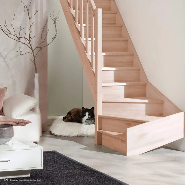 Treppen Intercon Holztreppe Casablanca Raumspartreppe Buche Naturbelassen Linksgewendelt mit einseitigem Geländer und Setzstufen, Farbe: Beige, Treppenbreite: 60 cm - Bild 1