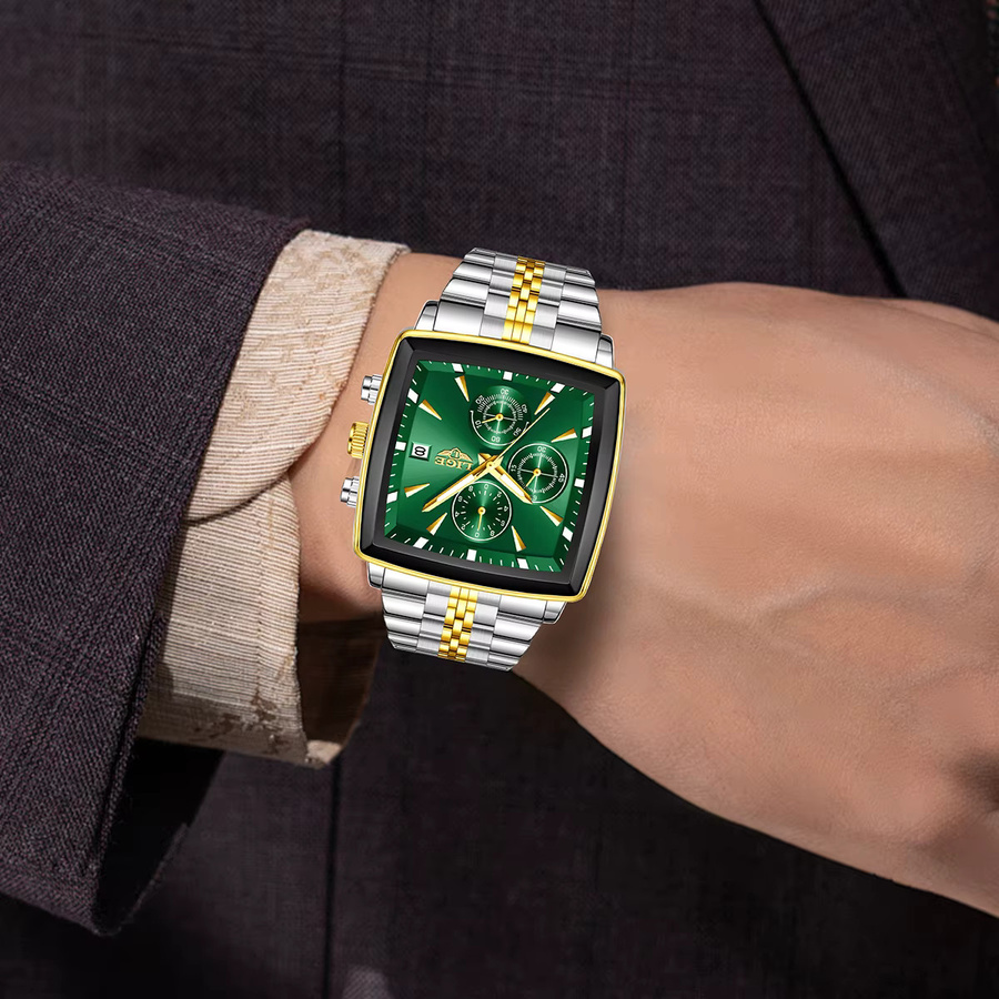 LIGE Armbanduhr Quarz, Edelstahl, Bicolor, Grün, Eckig, Herren - Bild 5
