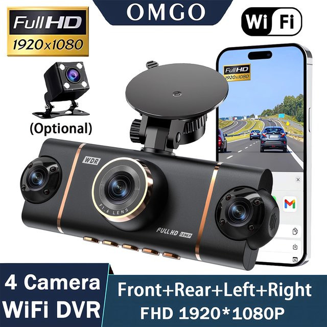 OMGO 4-Kanal 360-Grad Dashcam mit Wi-Fi, 1080P Auto-DVR und Rückfahrkamera, Schwarz - Bild 1