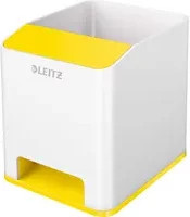Leitz WOW Duo Colour Stifteköcher mit Soundverstärkungsfunktion und Smartphone-Fach, weiß/gelb, B/T/H: 10,1 x 10,0 x 9,0 cm - Bild 1
