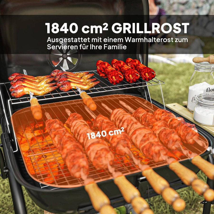 Outsunny Holzkohlegrill aus Stahl in Schwarz mit abschließbarem Deckel, Grillrost, Holzablage und Rädern, B/H/T: 54 x 91 x 98 cm - Bild 2